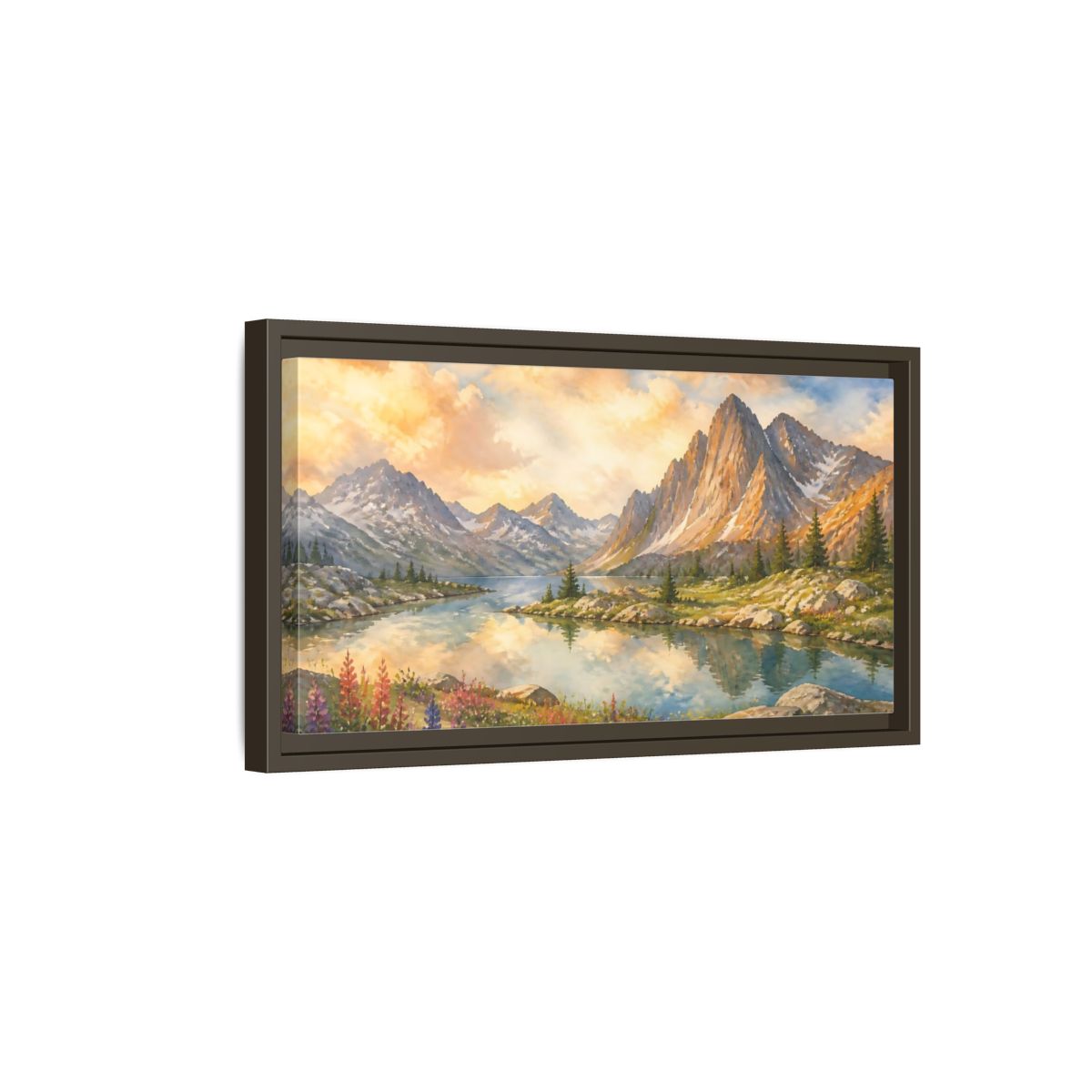 Side Mockup 7. Sunlit Alpine Lake shown as framed canvas print