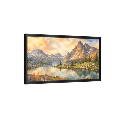 Side Mockup 2. Sunlit Alpine Lake shown as framed canvas print