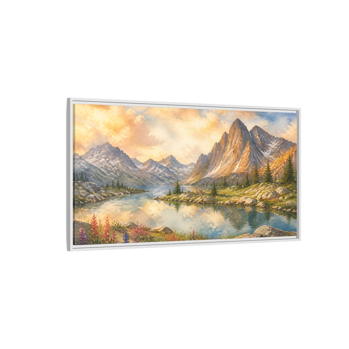 Side Mockup 3. Sunlit Alpine Lake shown as framed canvas print