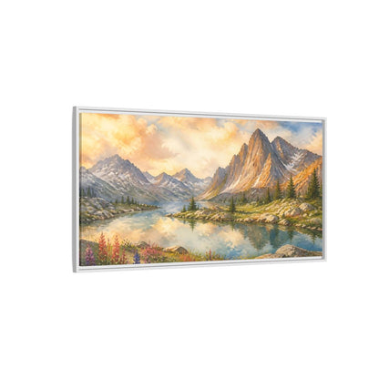 Side Mockup 3. Sunlit Alpine Lake shown as framed canvas print