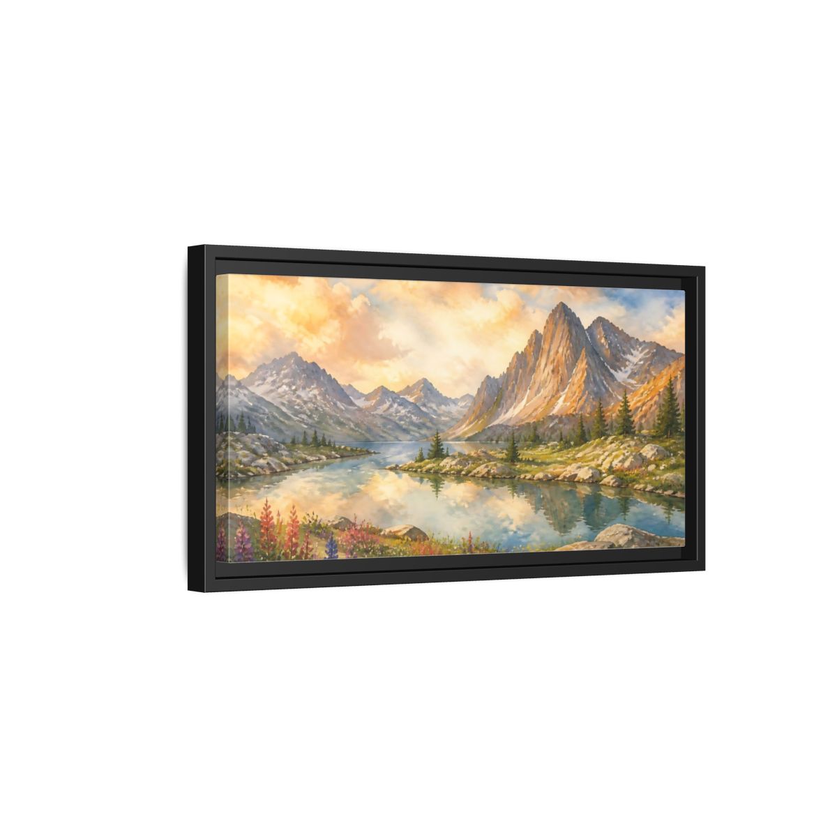 Side Mockup 8. Sunlit Alpine Lake shown as framed canvas print