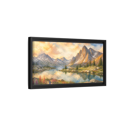 Side Mockup 8. Sunlit Alpine Lake shown as framed canvas print
