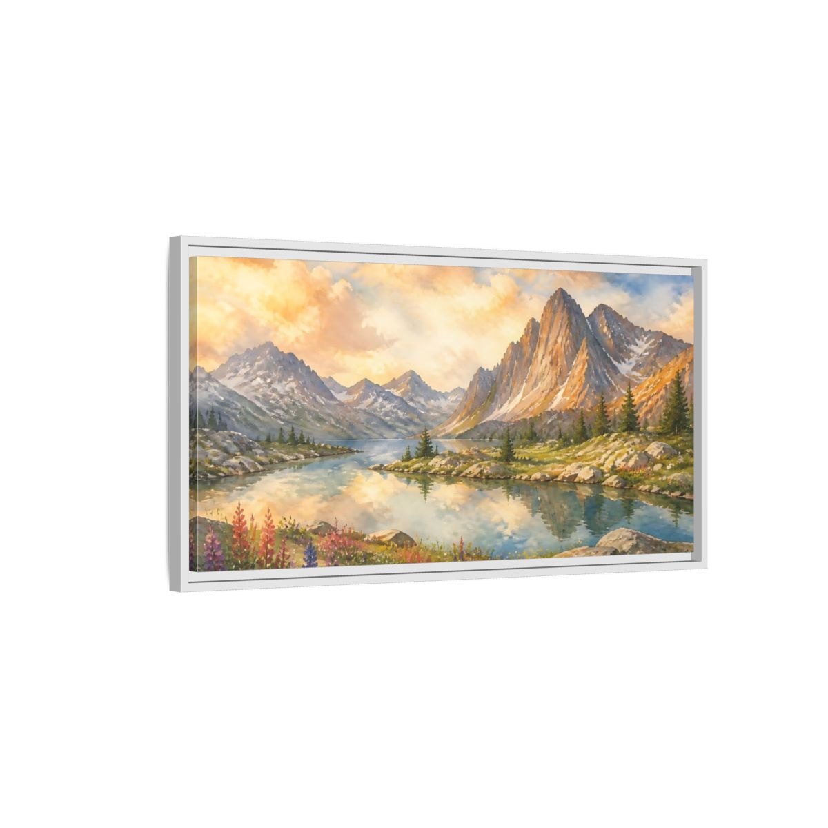 Side Mockup 1. Sunlit Alpine Lake shown as framed canvas print
