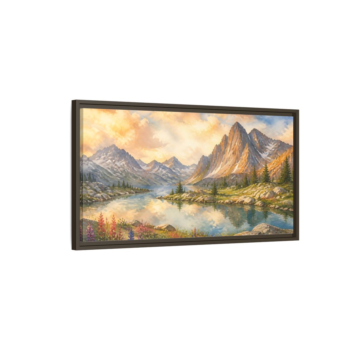 Main Mockup. Sunlit Alpine Lake shown as framed canvas print