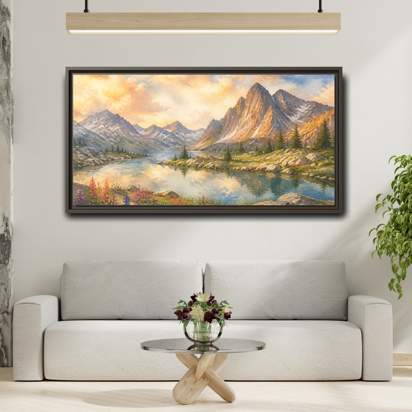 Mockup 2. Sunlit Alpine Lake shown as framed canvas print