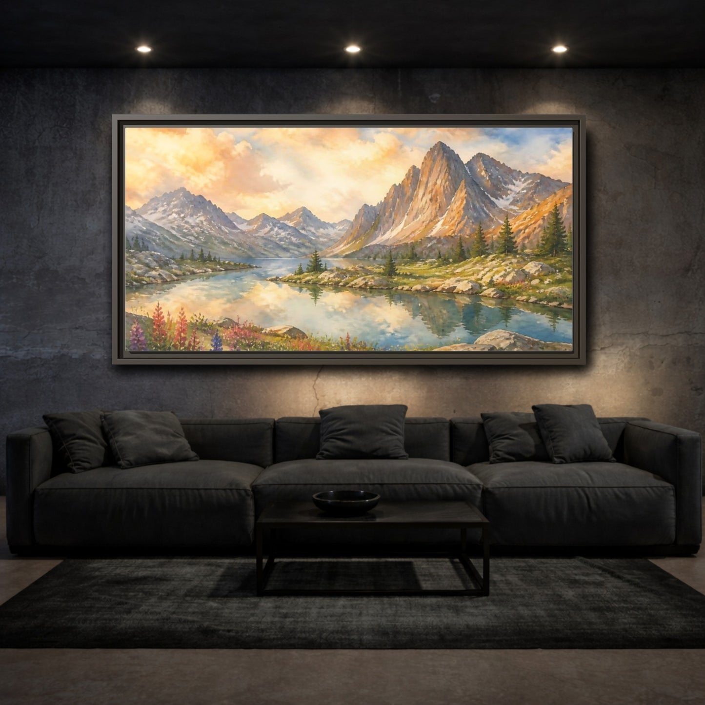 Mockup 3. Sunlit Alpine Lake shown as framed canvas print