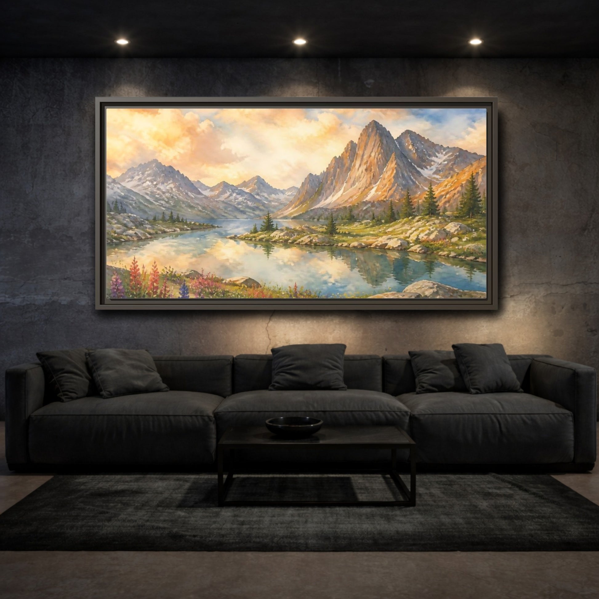 Mockup 3. Sunlit Alpine Lake shown as framed canvas print