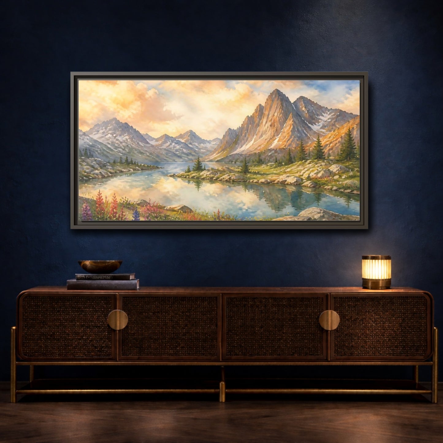 Mockup 4. Sunlit Alpine Lake shown as framed canvas print
