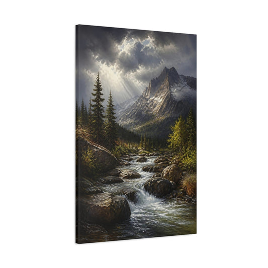 Main Mockup. Sunlit Alpine Mountain Stream shown as canvas print