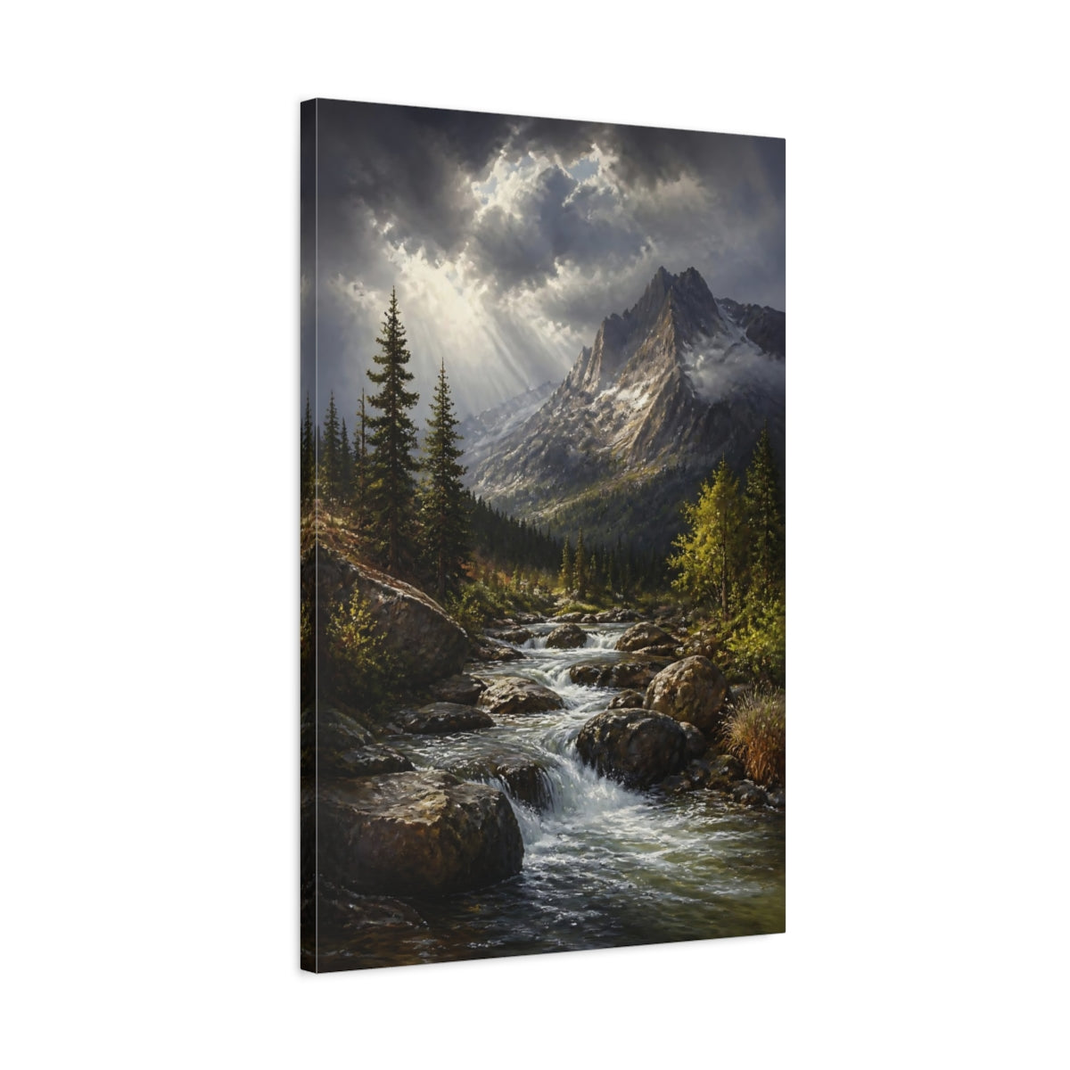Side Mockup 2. Sunlit Alpine Mountain Stream shown as canvas print