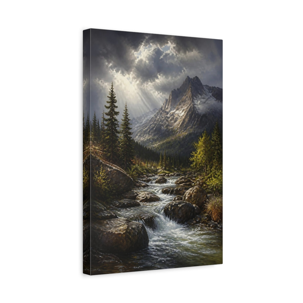 Side Mockup 4. Sunlit Alpine Mountain Stream shown as canvas print