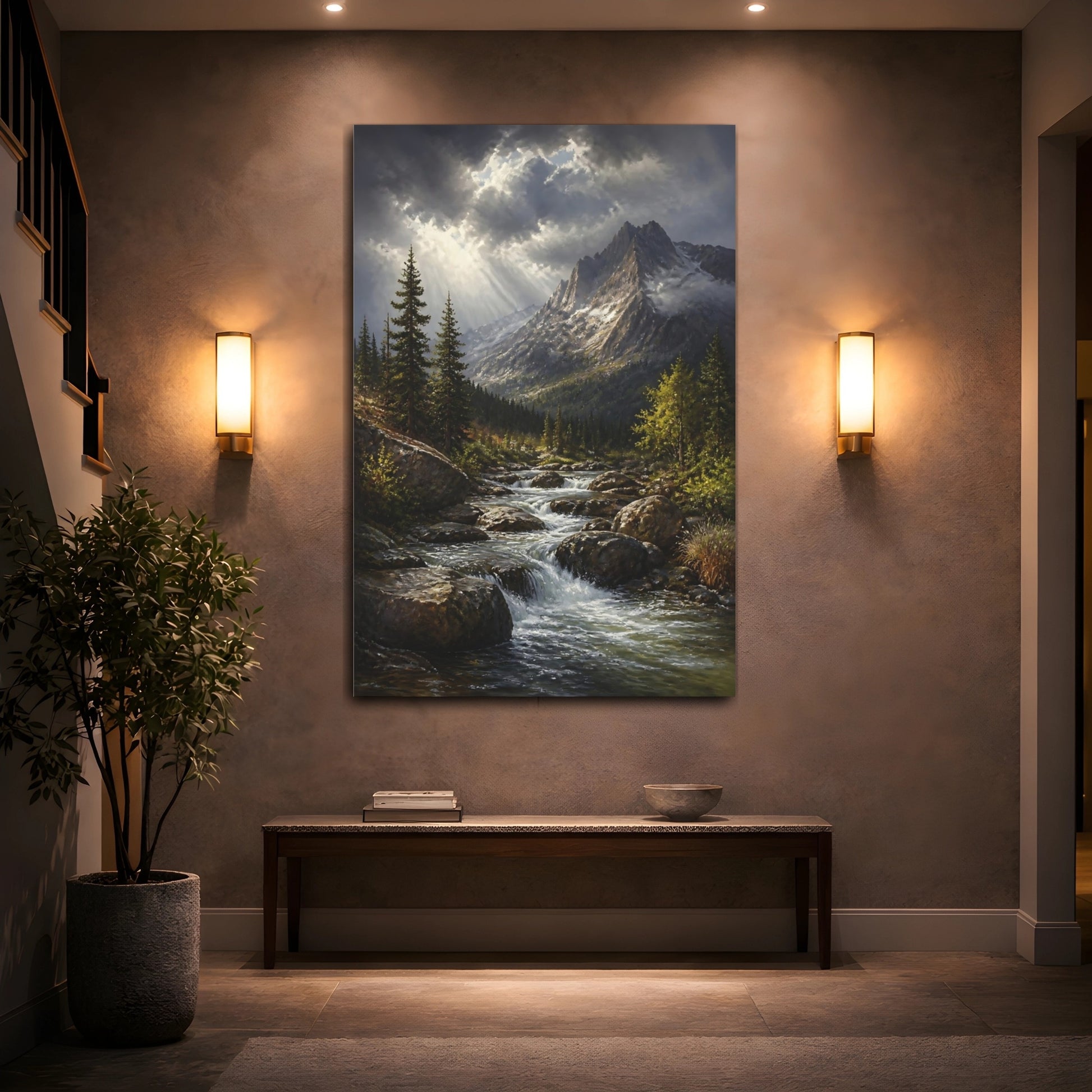 Mockup 2. Sunlit Alpine Mountain Stream shown as canvas print