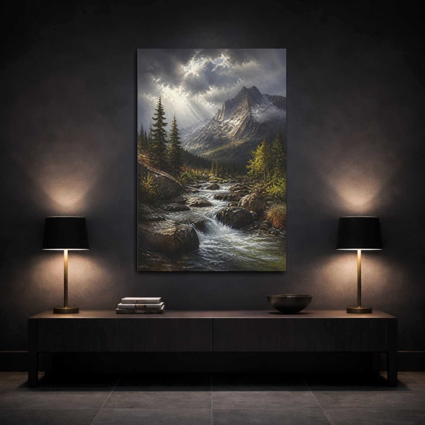 Mockup 3. Sunlit Alpine Mountain Stream shown as canvas print