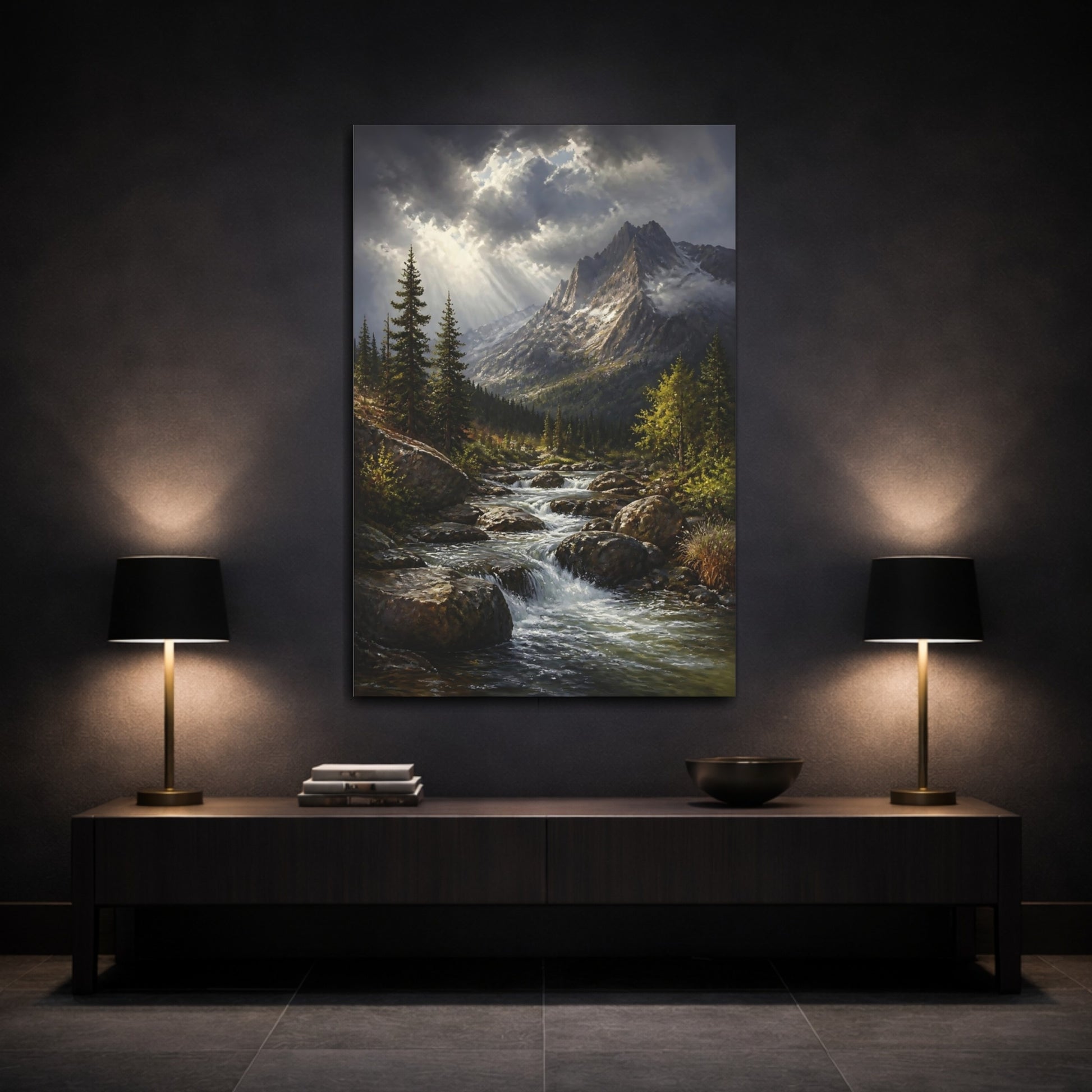 Mockup 3. Sunlit Alpine Mountain Stream shown as canvas print