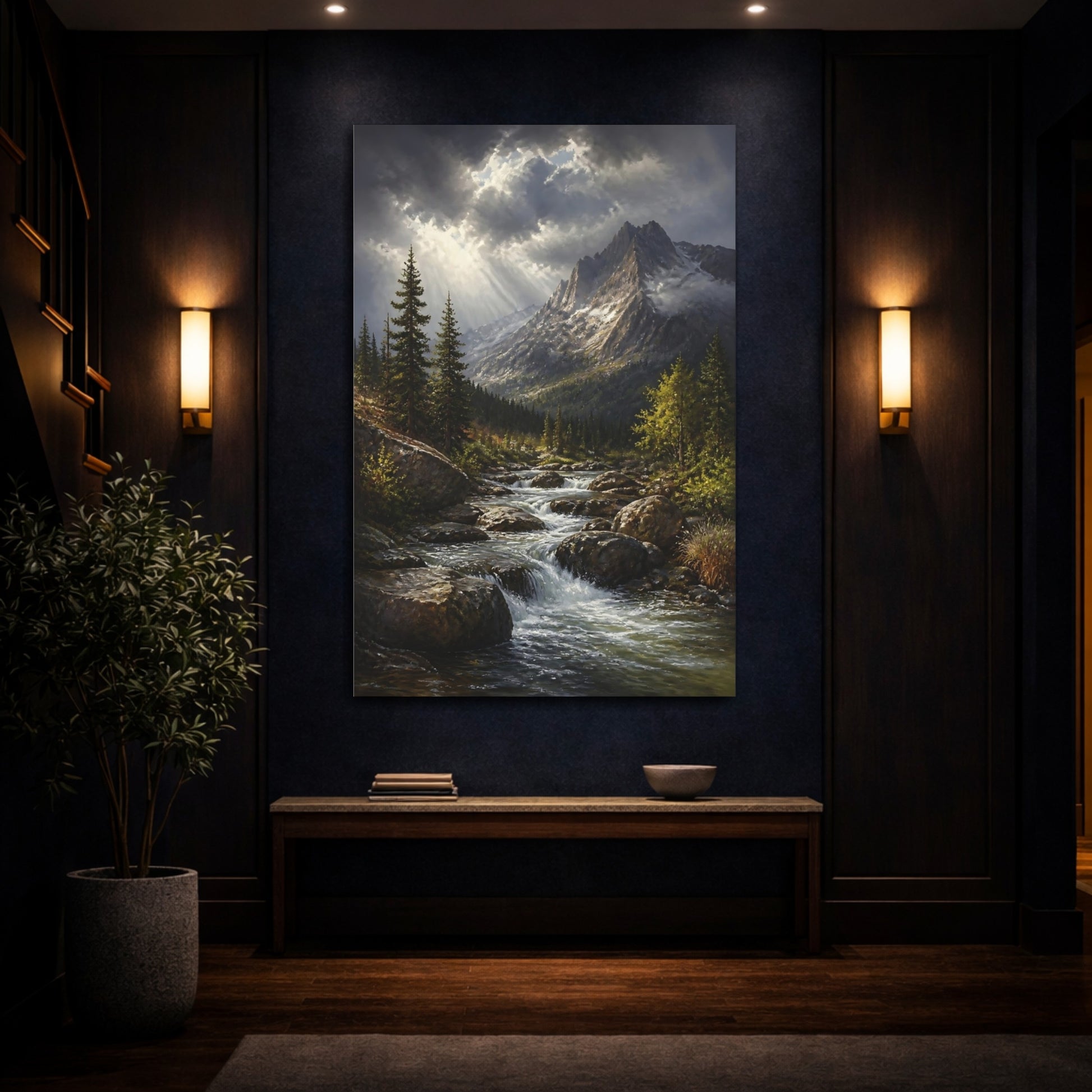 Mockup 4. Sunlit Alpine Mountain Stream shown as canvas print