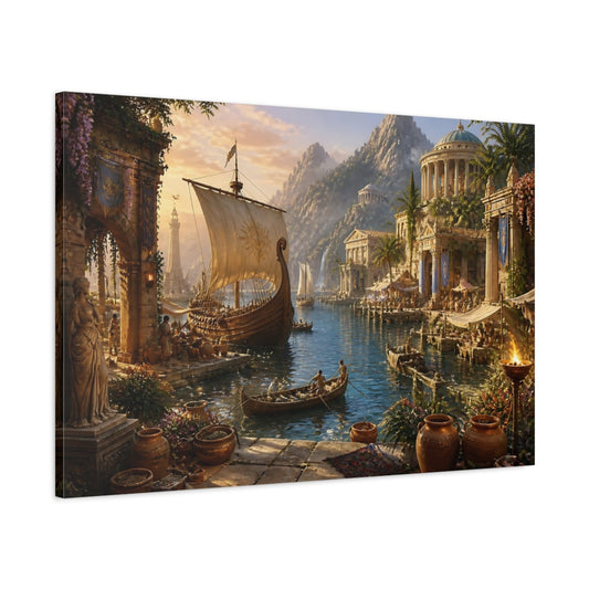Main Mockup. Sunlit Ancient Harbor shown as canvas print