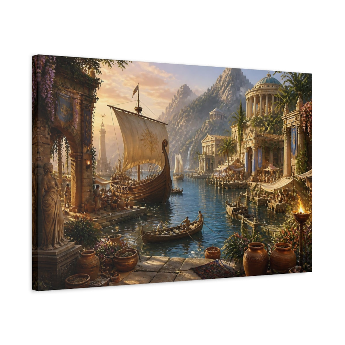 Side Mockup 2. Sunlit Ancient Harbor shown as canvas print
