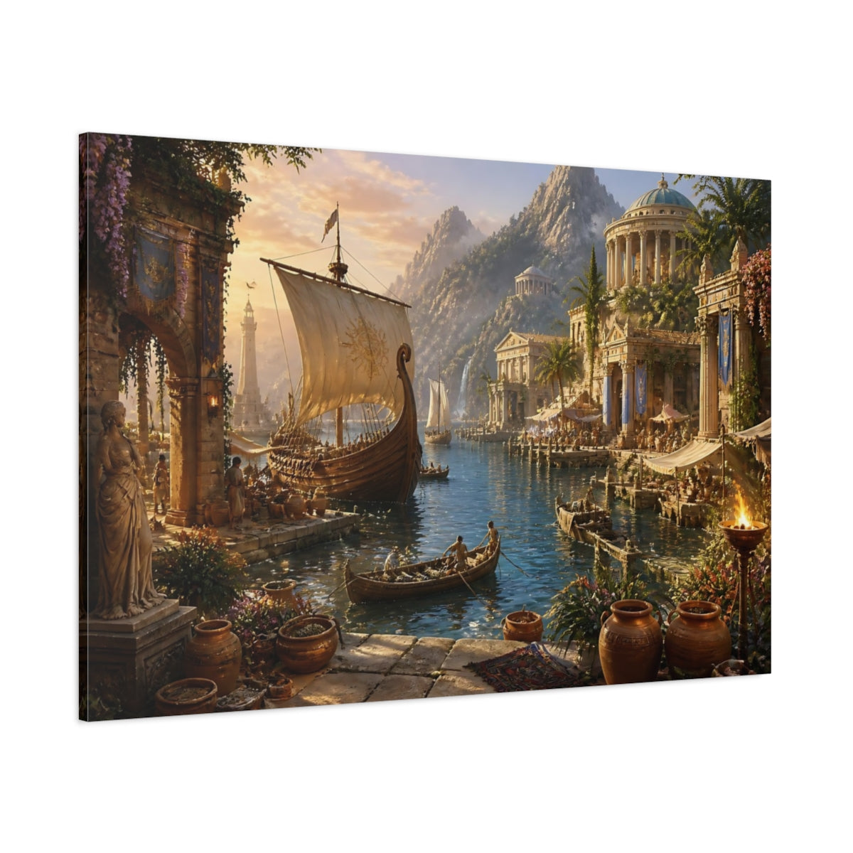 Side Mockup 1. Sunlit Ancient Harbor shown as canvas print