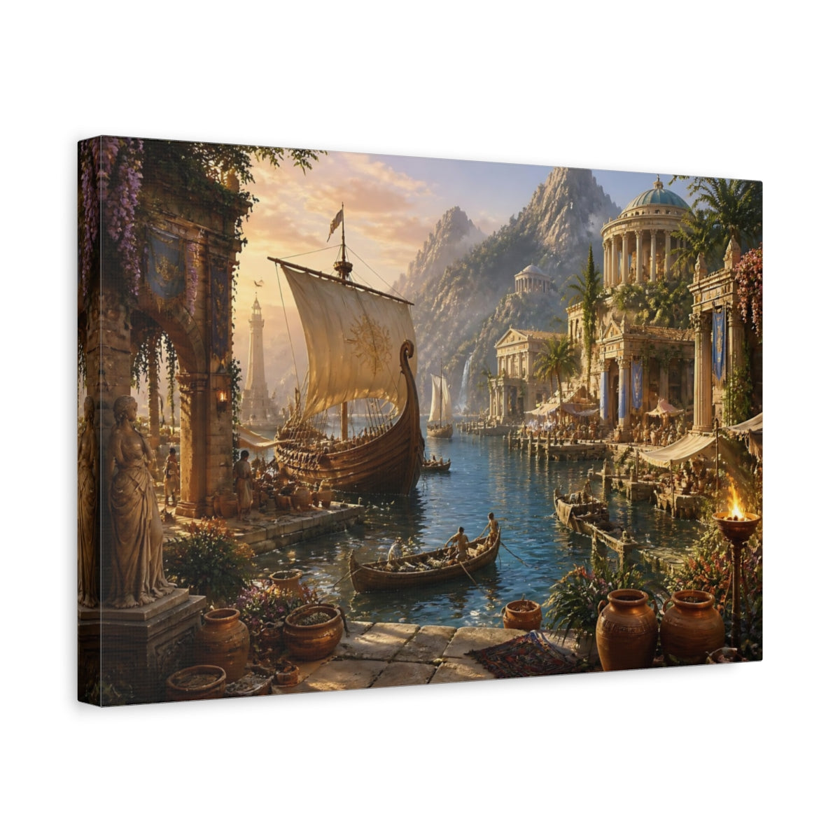 Side Mockup 4. Sunlit Ancient Harbor shown as canvas print