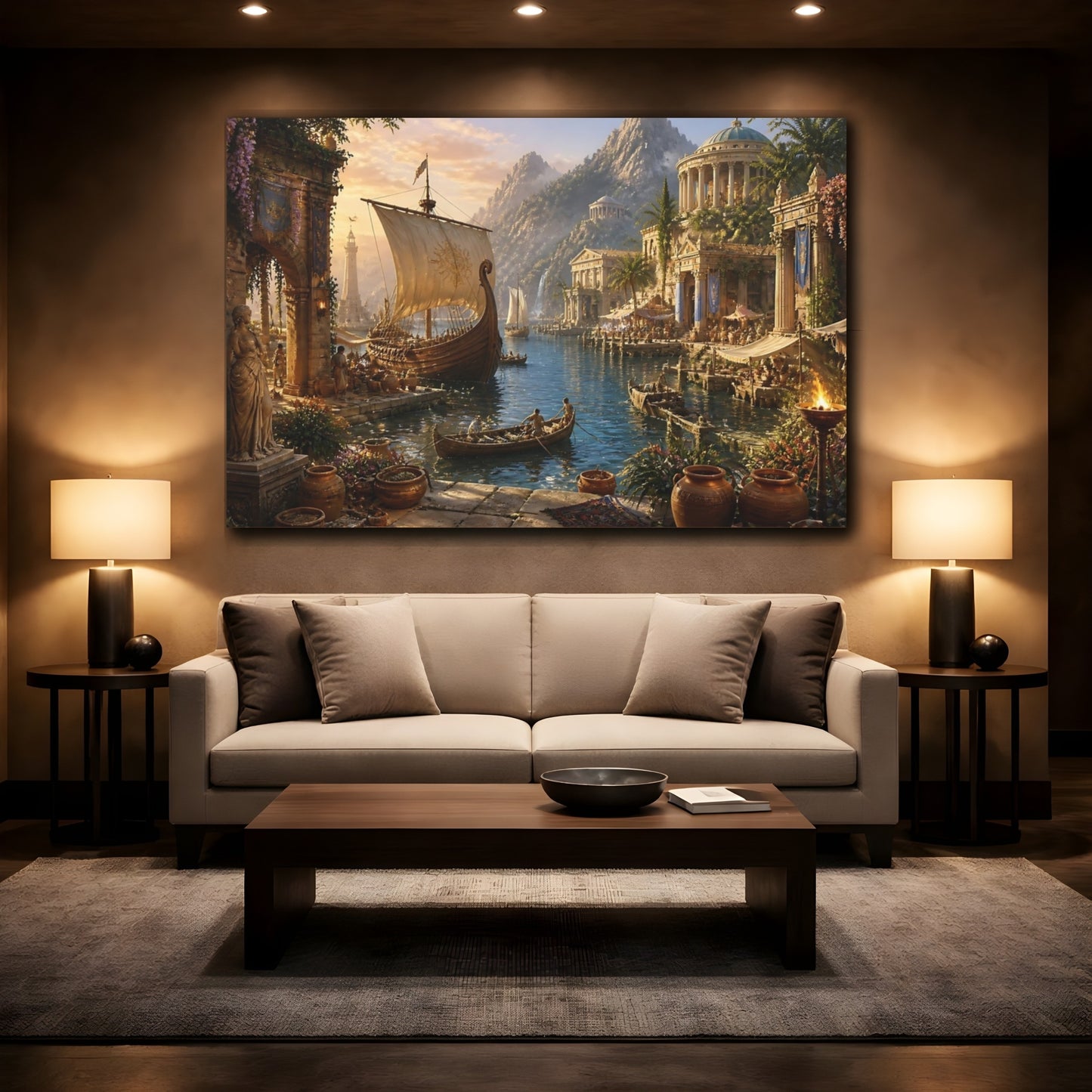 Mockup 2. Sunlit Ancient Harbor shown as canvas print