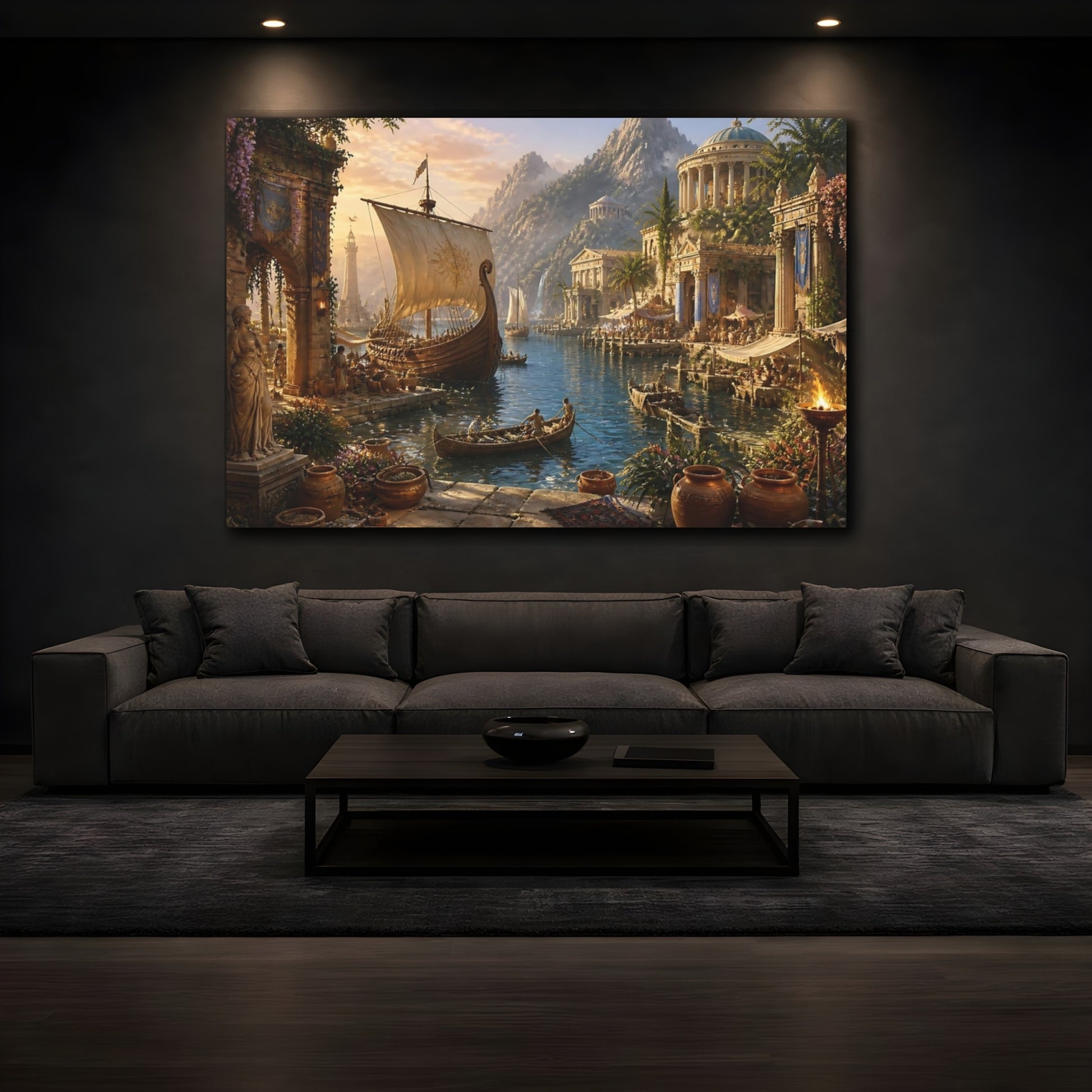 Mockup 3. Sunlit Ancient Harbor shown as canvas print
