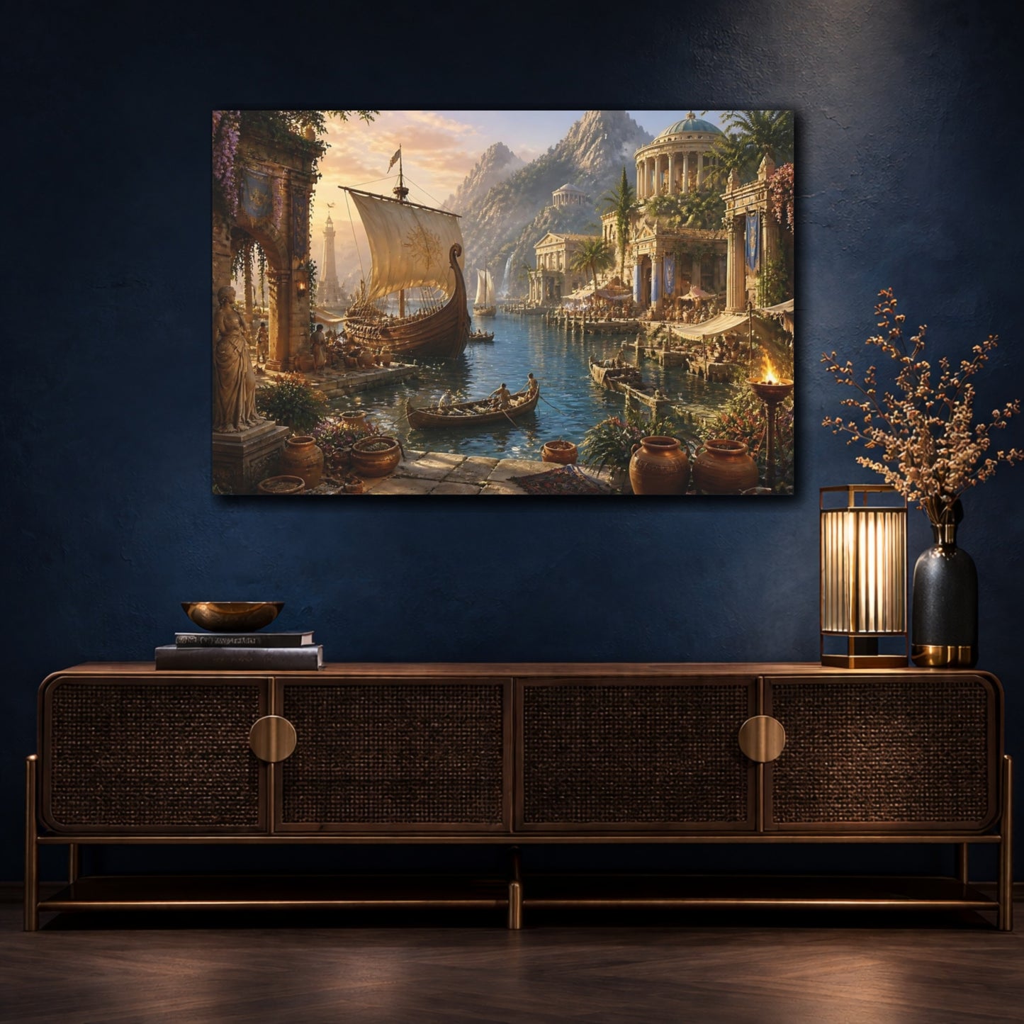 Mockup 4. Sunlit Ancient Harbor shown as canvas print