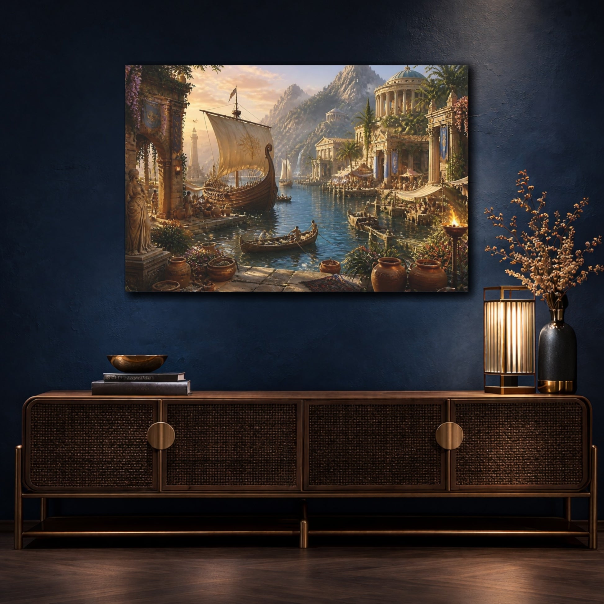 Mockup 4. Sunlit Ancient Harbor shown as canvas print