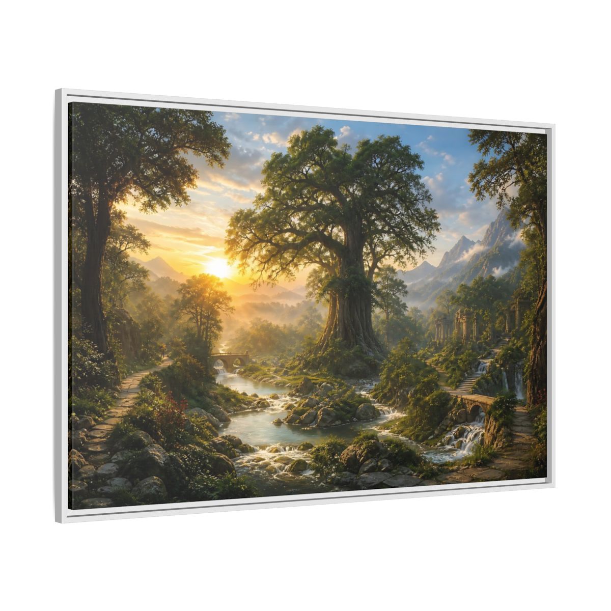 Side Mockup 7. Sunlit Ancient Tree shown as framed canvas print