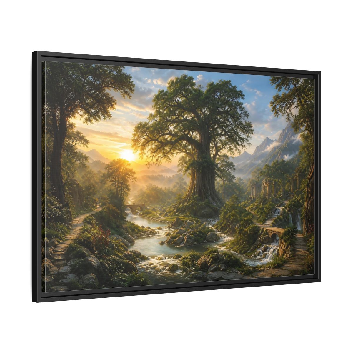Side Mockup 13. Sunlit Ancient Tree shown as framed canvas print