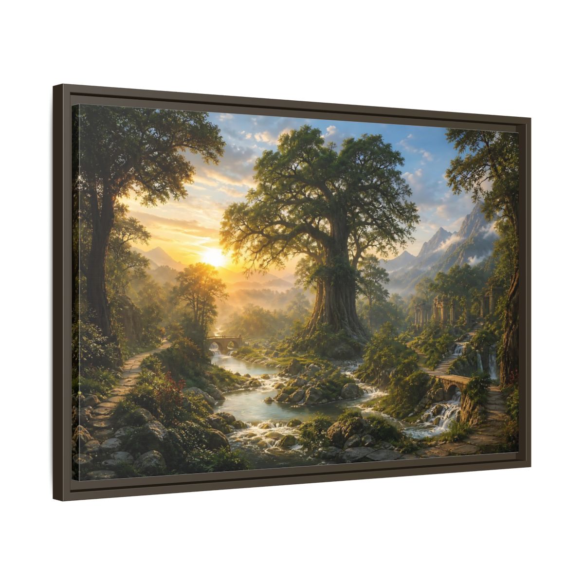 Side Mockup 11. Sunlit Ancient Tree shown as framed canvas print