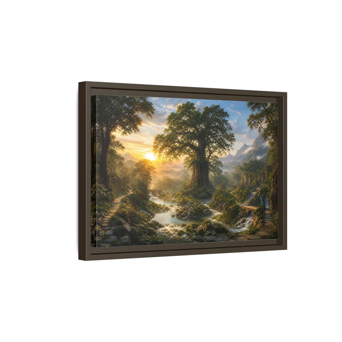 Side Mockup 5. Sunlit Ancient Tree shown as framed canvas print
