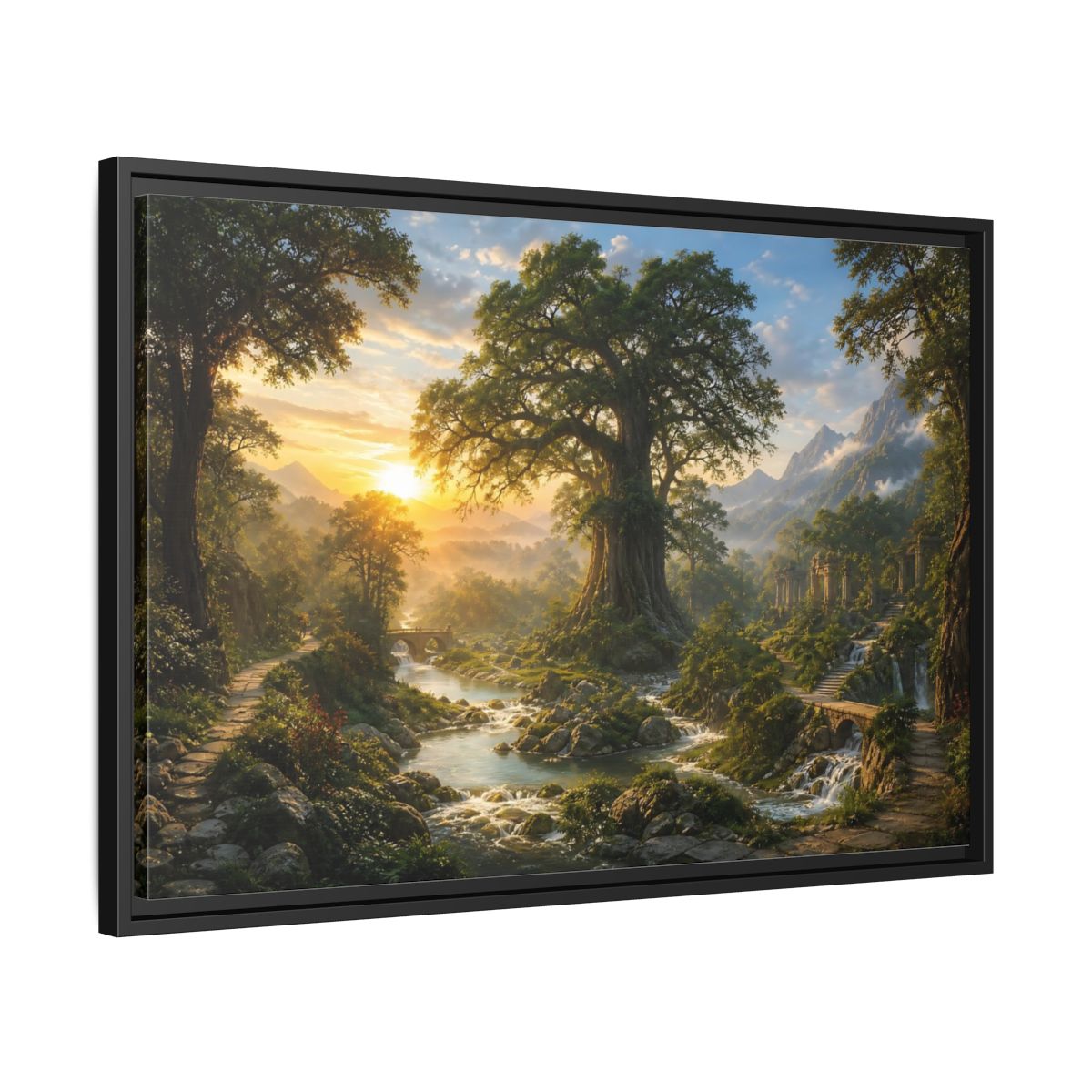 Side Mockup 14. Sunlit Ancient Tree shown as framed canvas print