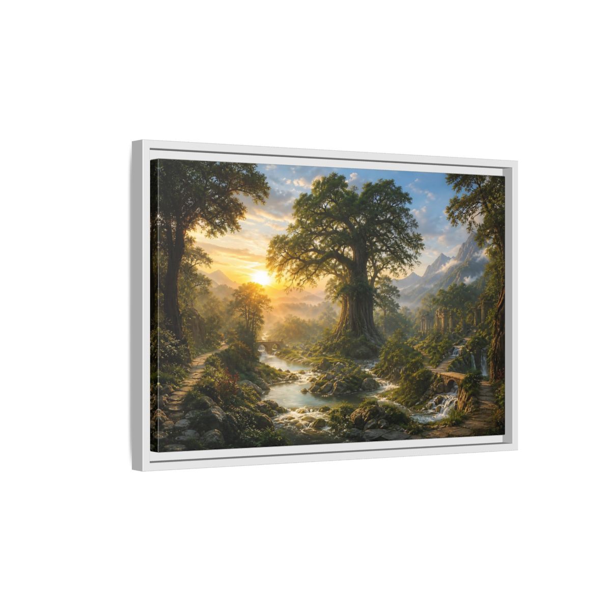 Side Mockup 1. Sunlit Ancient Tree shown as framed canvas print