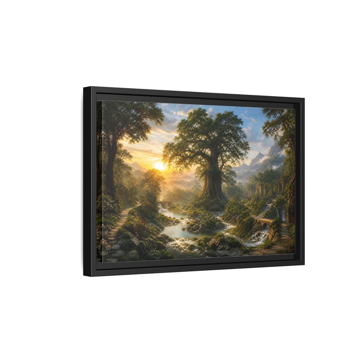 Side Mockup 6. Sunlit Ancient Tree shown as framed canvas print