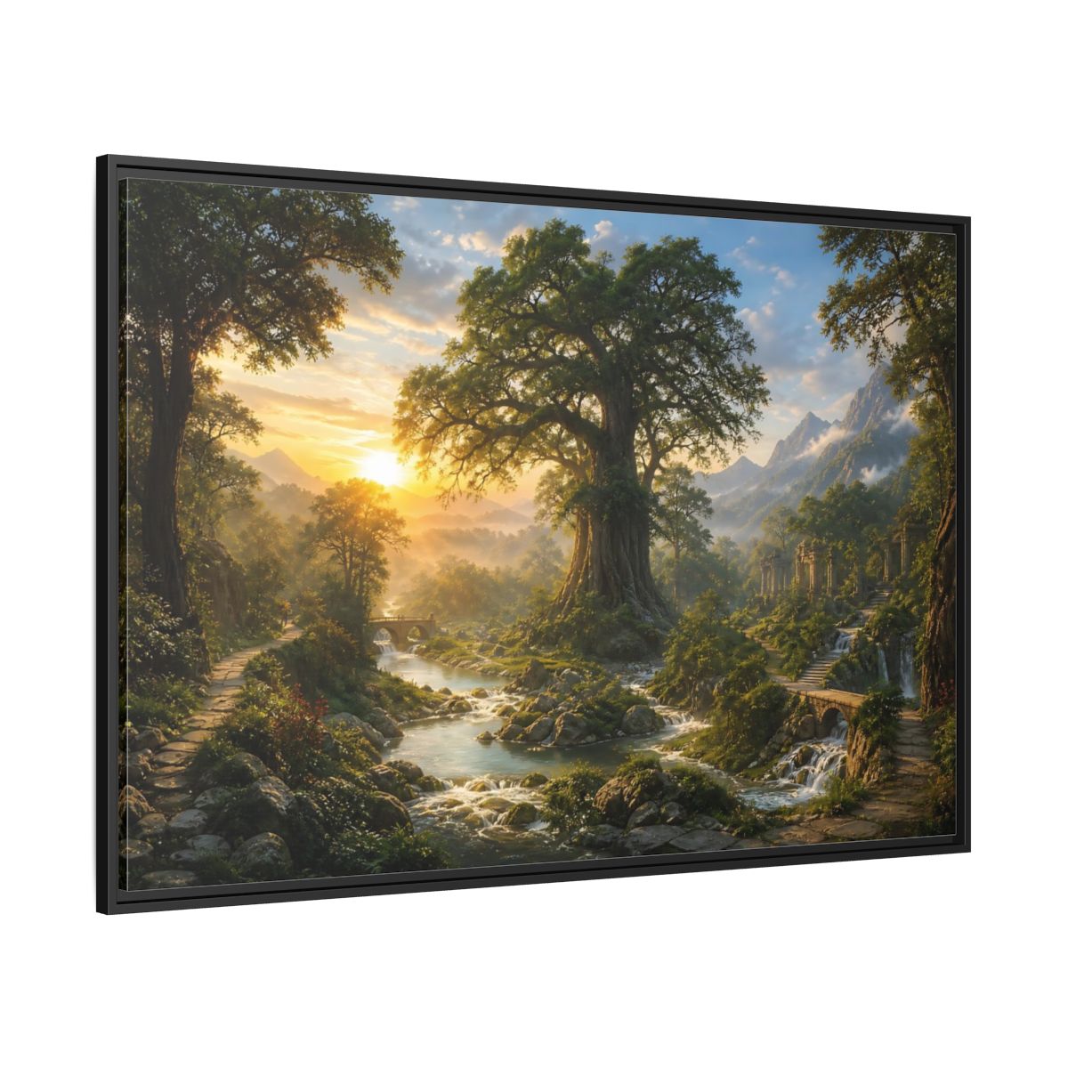 Side Mockup 12. Sunlit Ancient Tree shown as framed canvas print