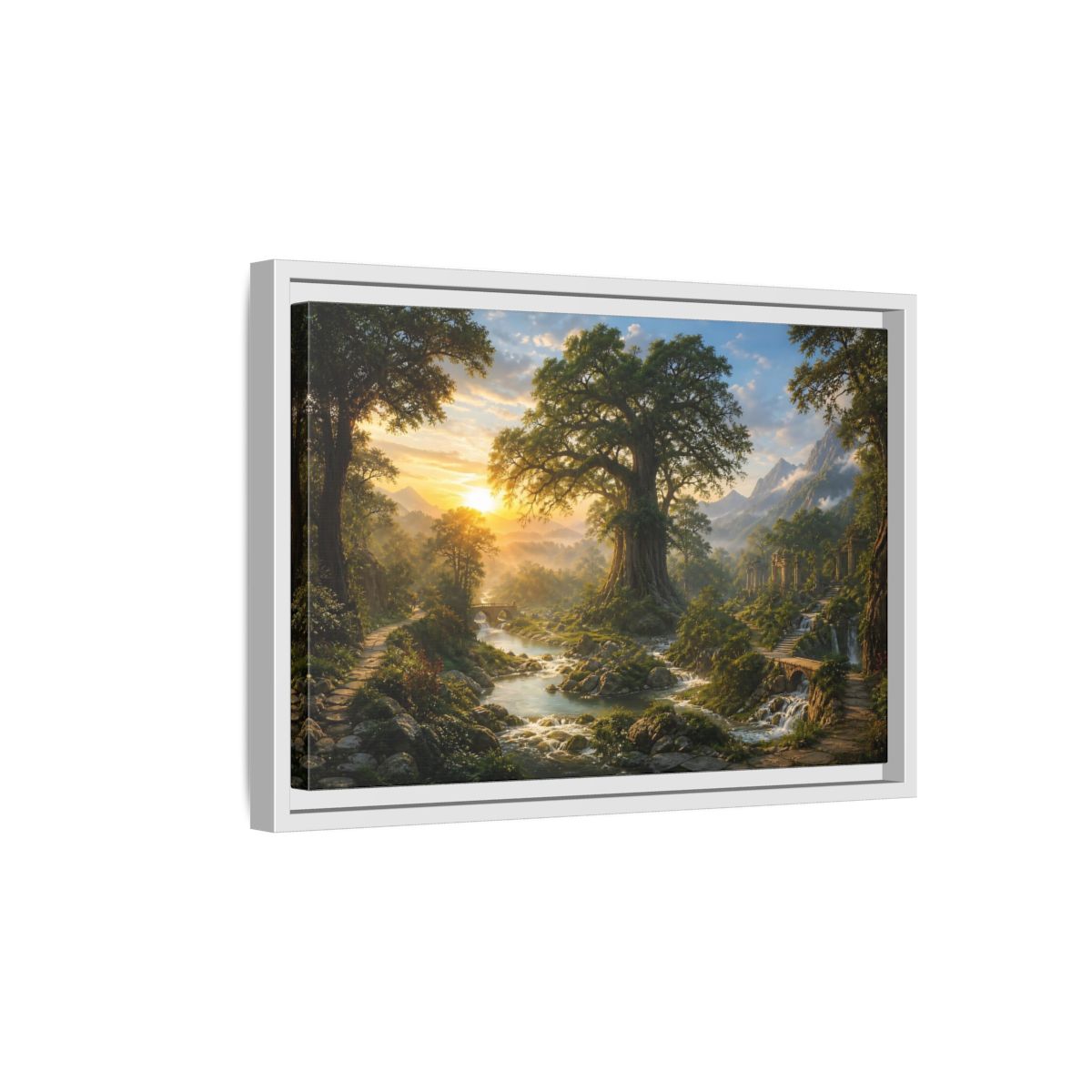 Side Mockup 4. Sunlit Ancient Tree shown as framed canvas print