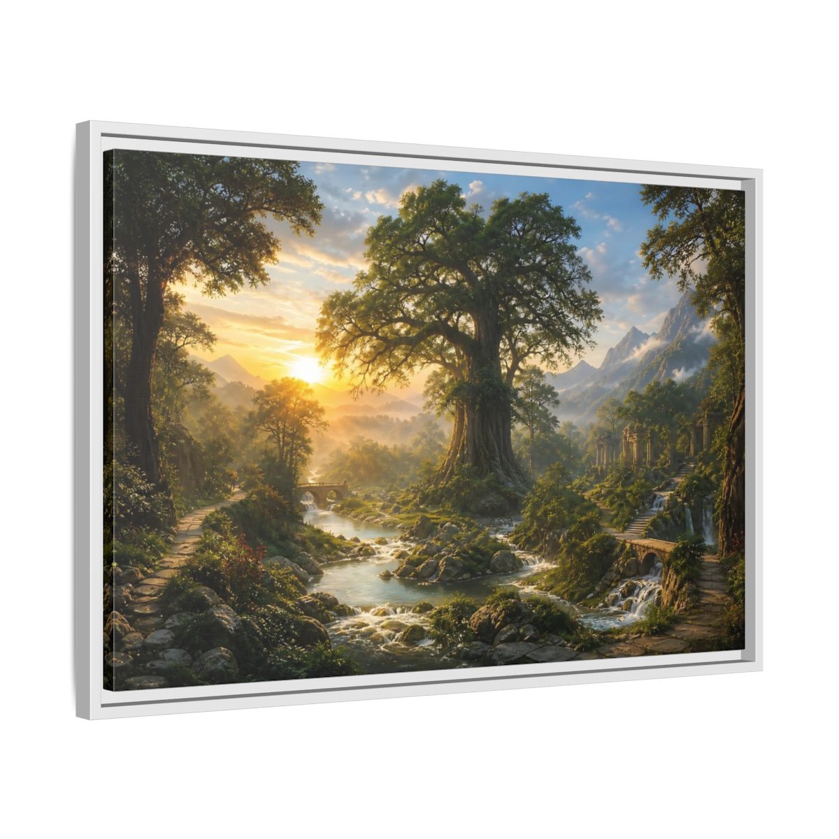 Side Mockup 10. Sunlit Ancient Tree shown as framed canvas print