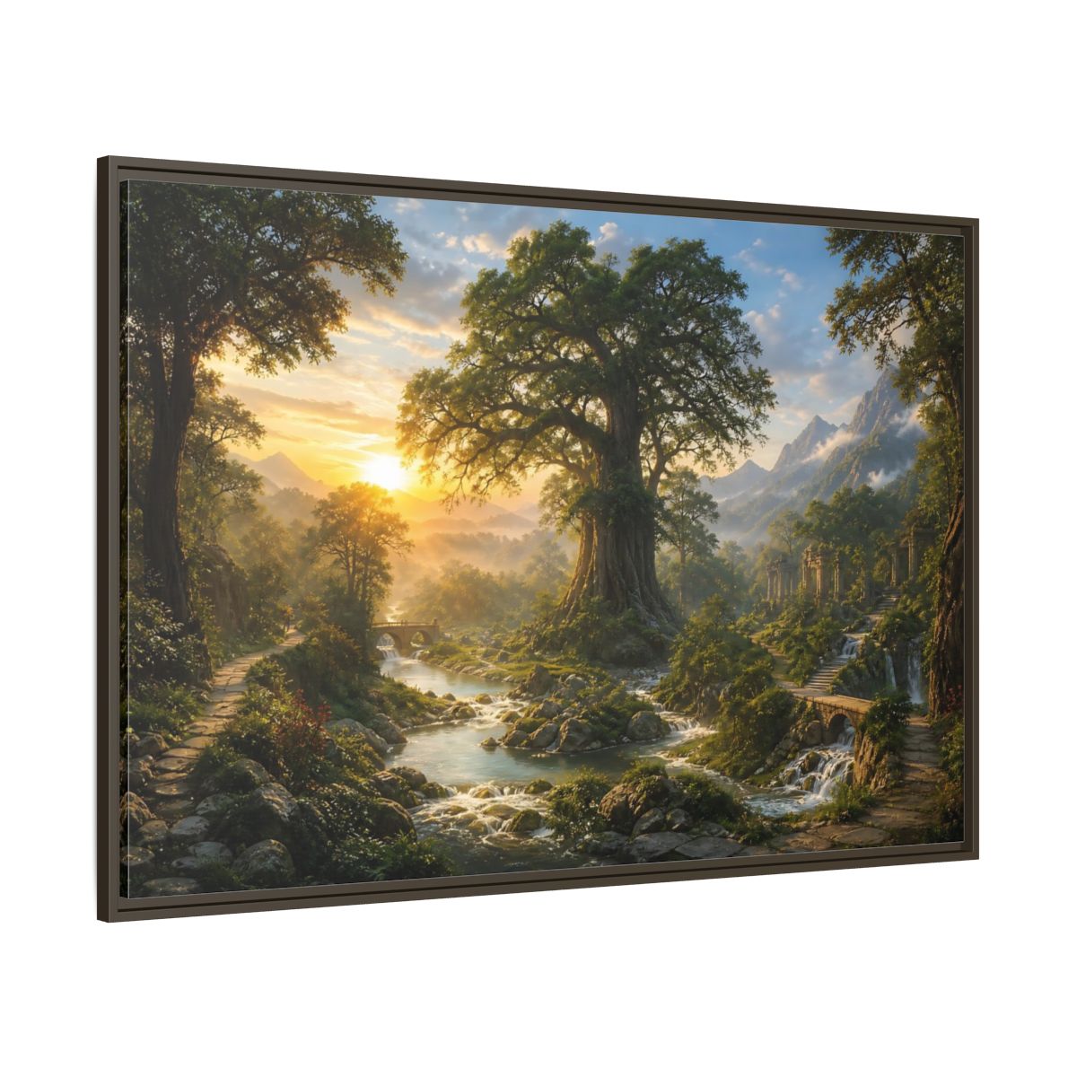 Side Mockup 8. Sunlit Ancient Tree shown as framed canvas print
