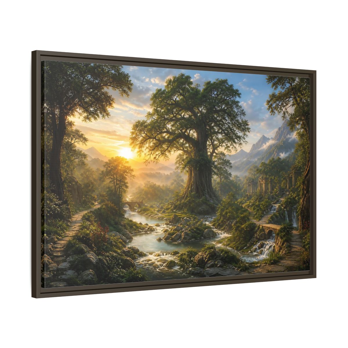 Main Mockup. Sunlit Ancient Tree shown as framed canvas print