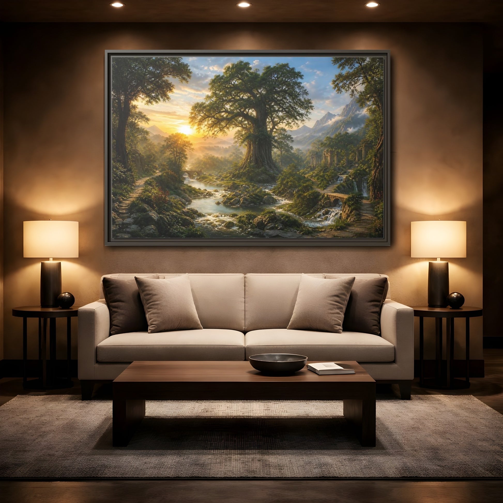 Mockup 2. Sunlit Ancient Tree shown as framed canvas print