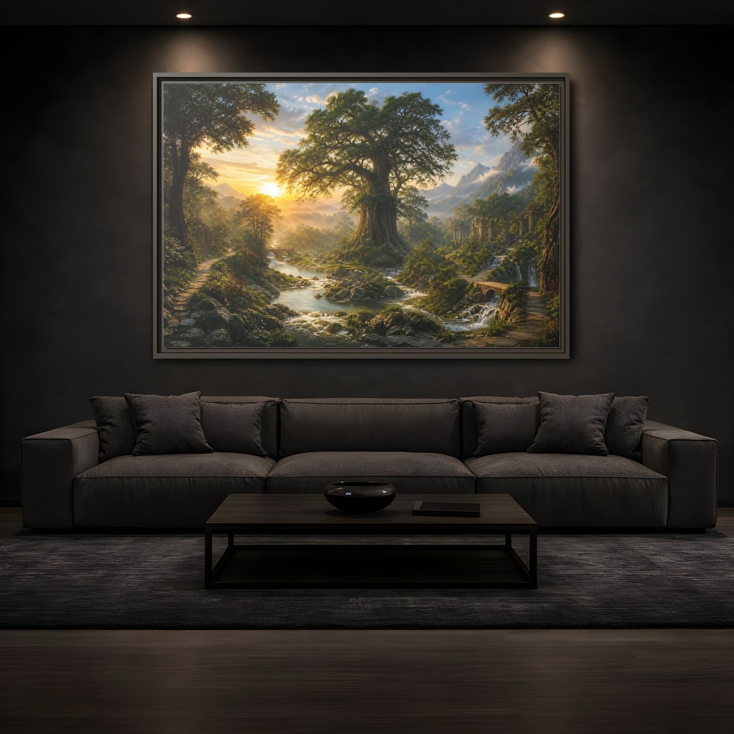 Mockup 3. Sunlit Ancient Tree shown as framed canvas print