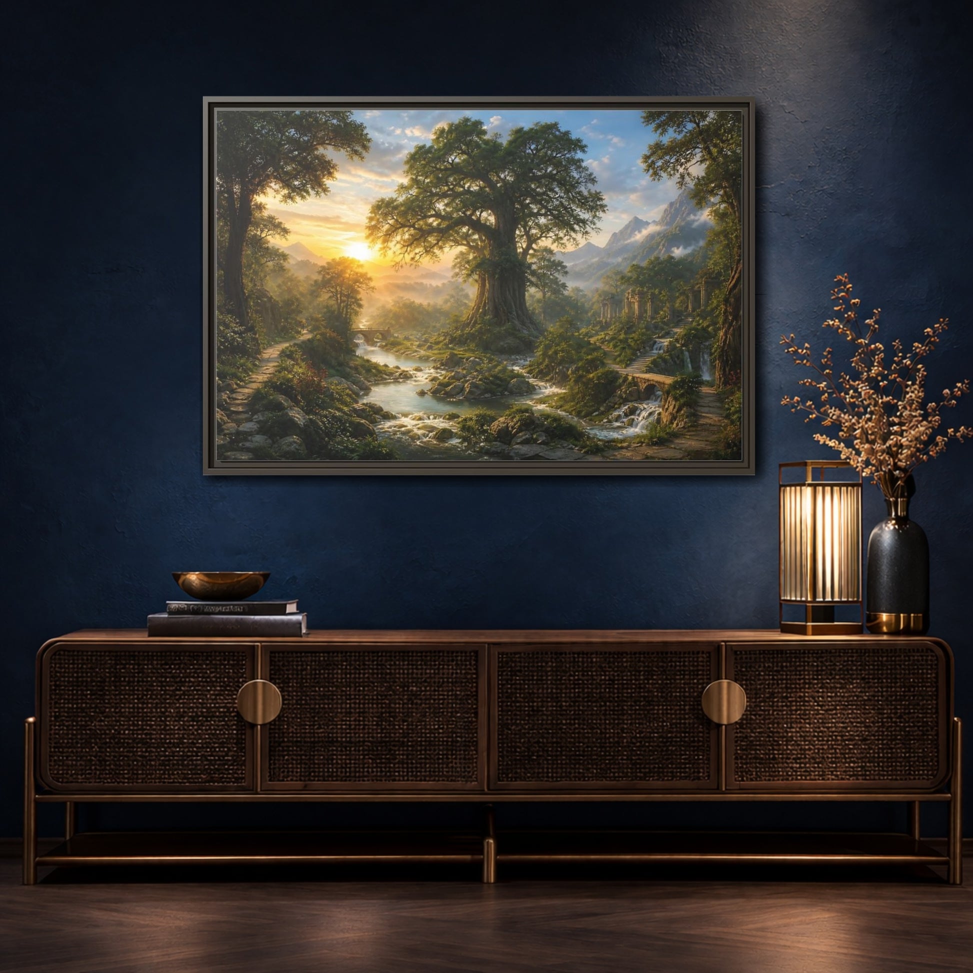 Mockup 4. Sunlit Ancient Tree shown as framed canvas print