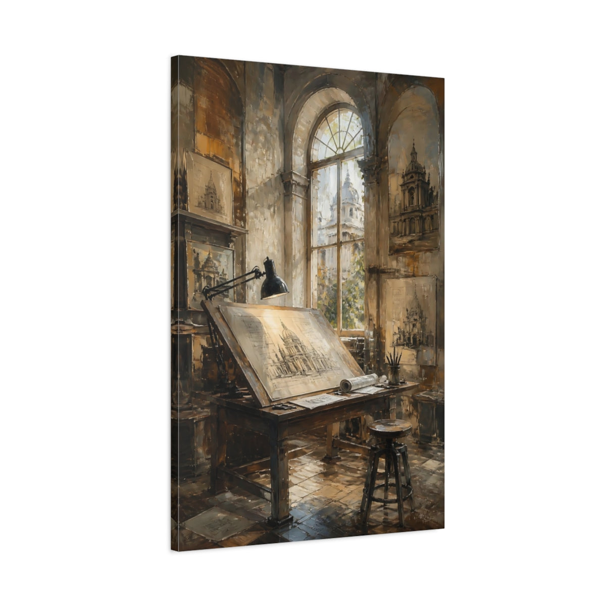 Main Mockup. Sunlit Architectural Desk shown as canvas print