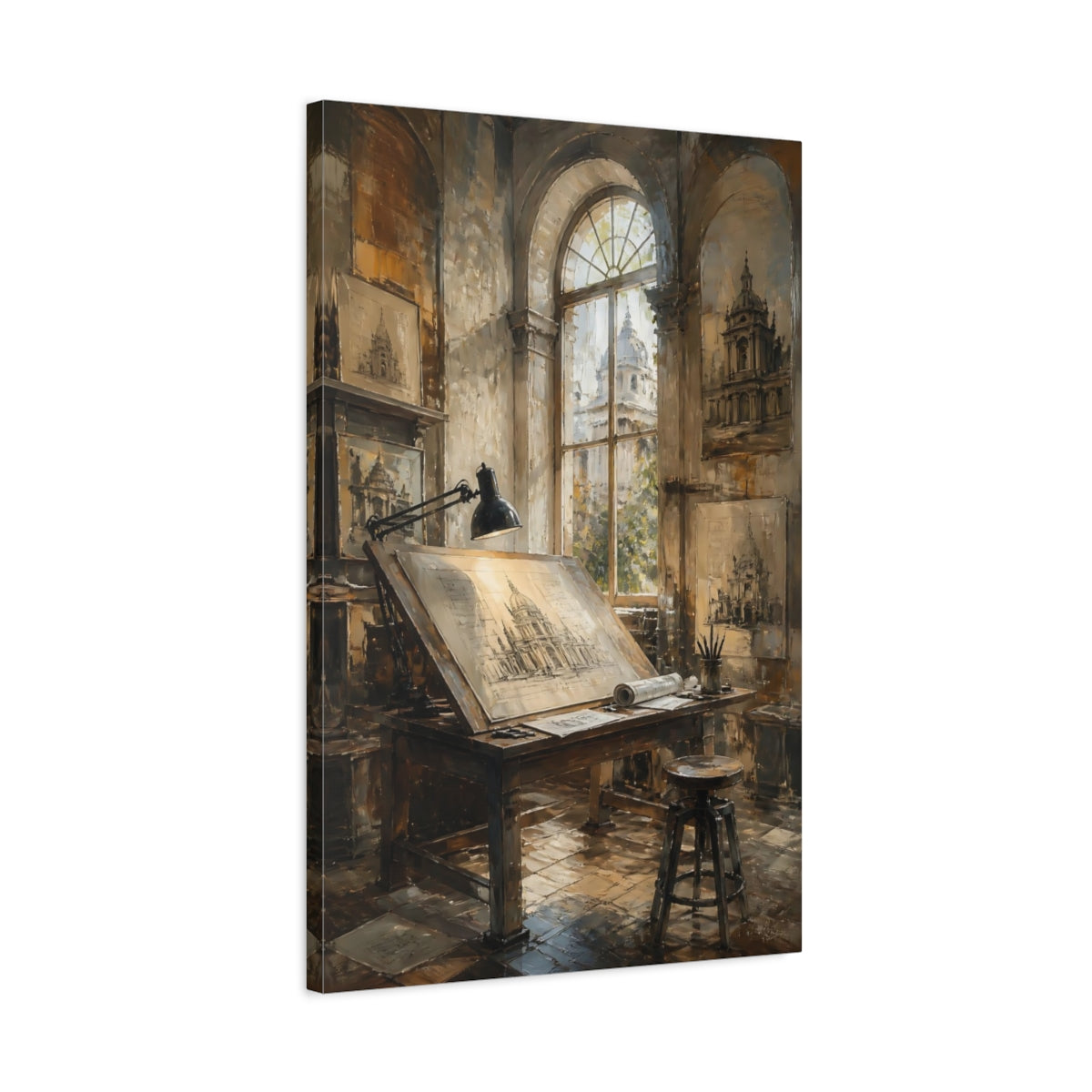 Side Mockup 2. Sunlit Architectural Desk shown as canvas print