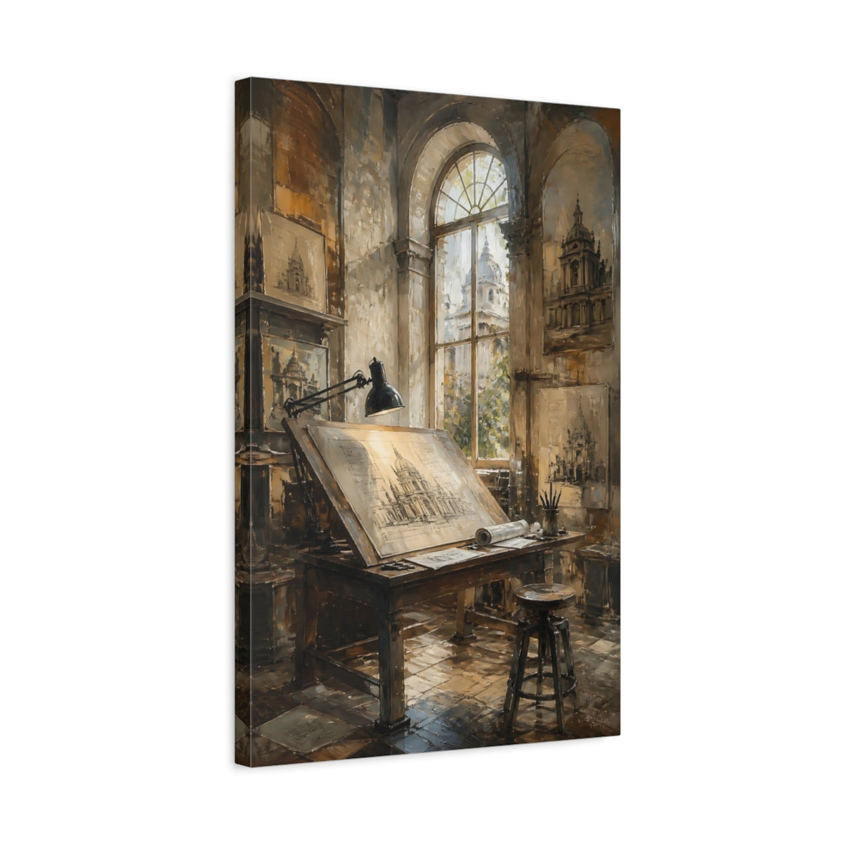 Side Mockup 3. Sunlit Architectural Desk shown as canvas print