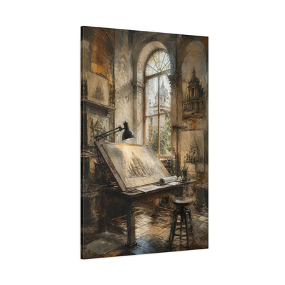 Side Mockup 1. Sunlit Architectural Desk shown as canvas print