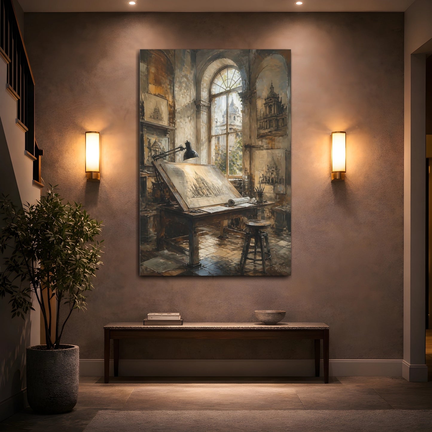 Mockup 2. Sunlit Architectural Desk shown as canvas print