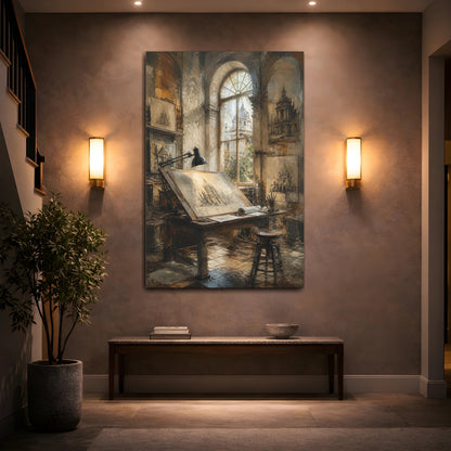Mockup 2. Sunlit Architectural Desk shown as canvas print
