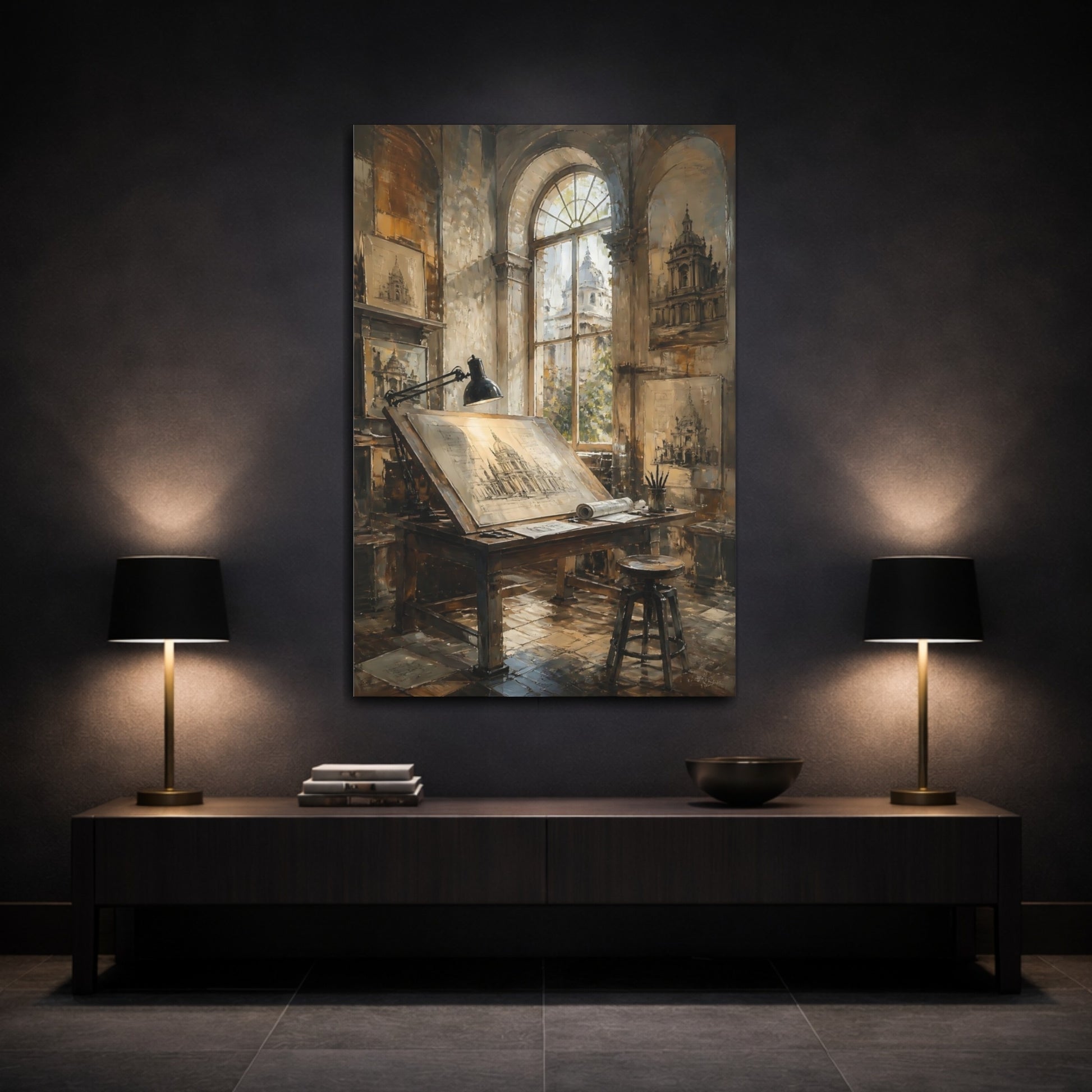 Mockup 3. Sunlit Architectural Desk shown as canvas print