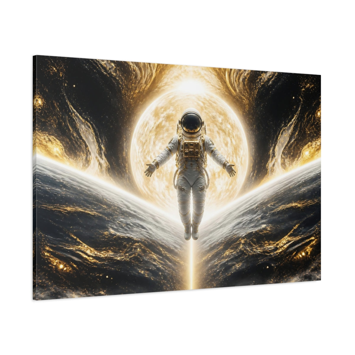 Side Mockup 1. Sunlit Astronaut Ascension shown as canvas print